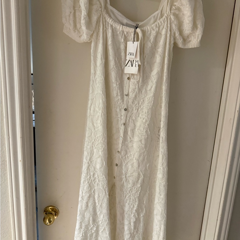 ZARA Ivory Lace Button-Front Midi Dress with Puff Sleeves
